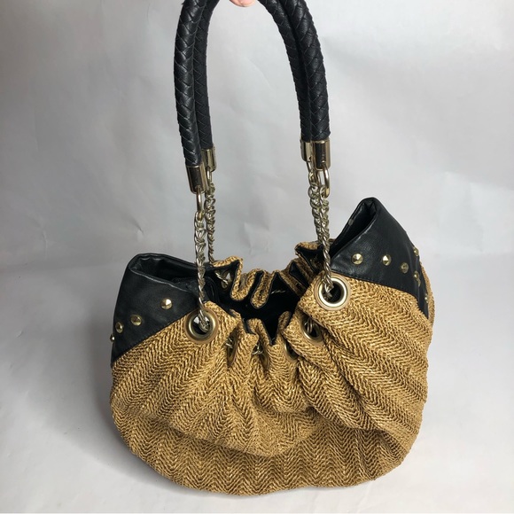 Olivia + Joy Handbags - Olivia & Joy Beige Woven Black Leather Gold‎ Hardware Chain Purse